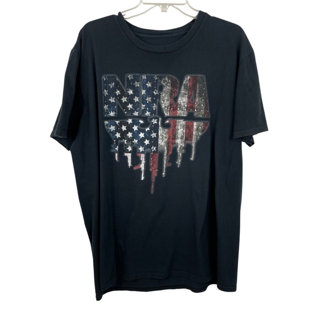 NRA Mens XL Black T-Shirt With American Flag Graphic Print Patriotic Design